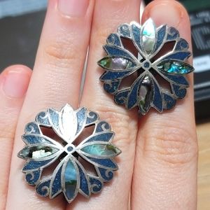 Antique Screwback Sterling Silver Abalone Earrings Mexico